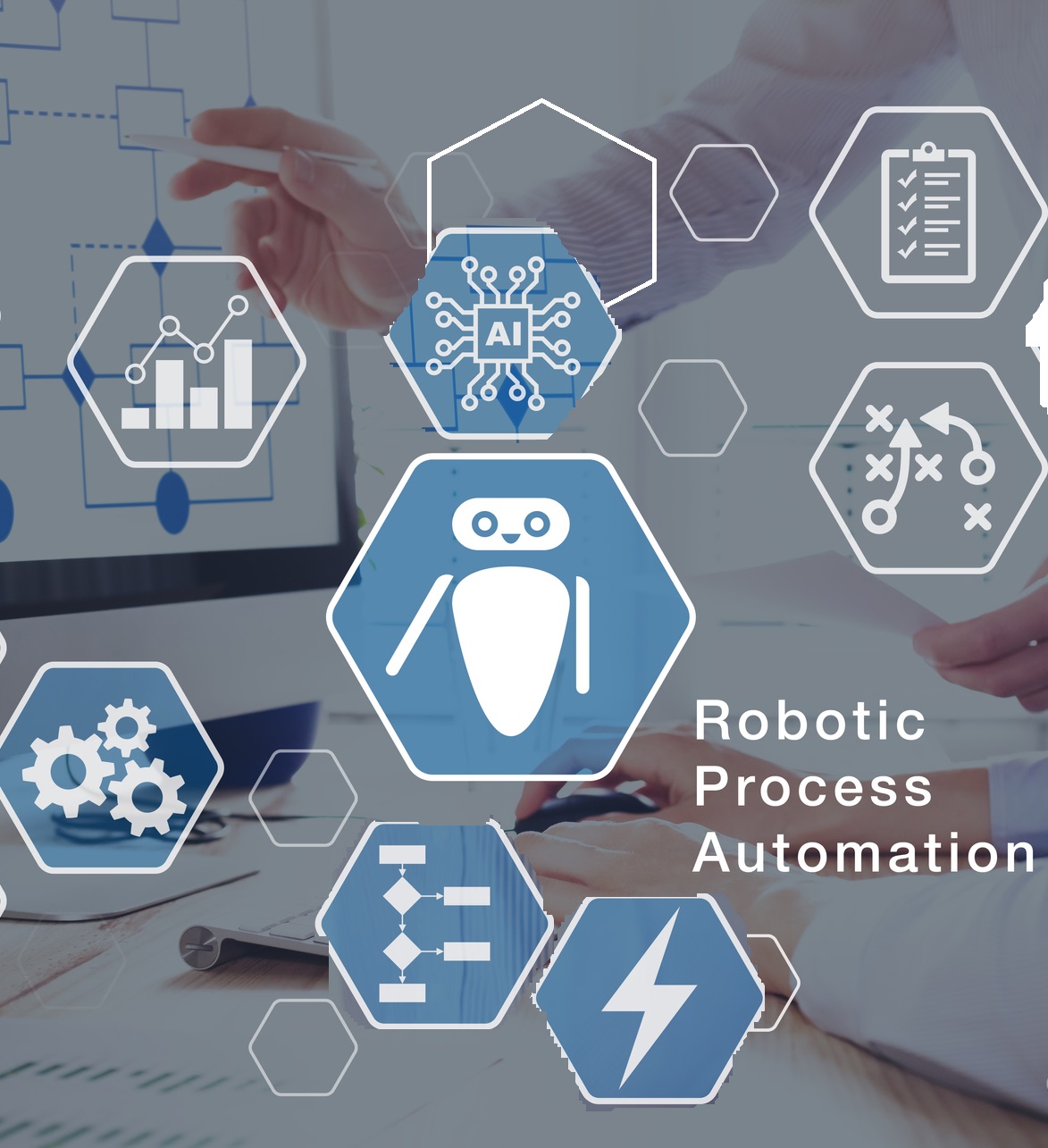 Robotic Process Automation (RPA) technology automate business tasks with direct integration of robots in company software user interface, concept with icons and people working in office on computer